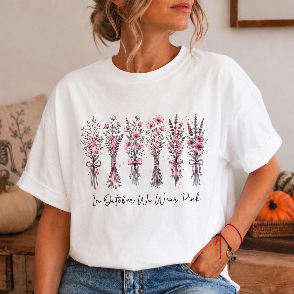 Floral  Shirt, We Wear In October Tee, Women Cancer Support Gift